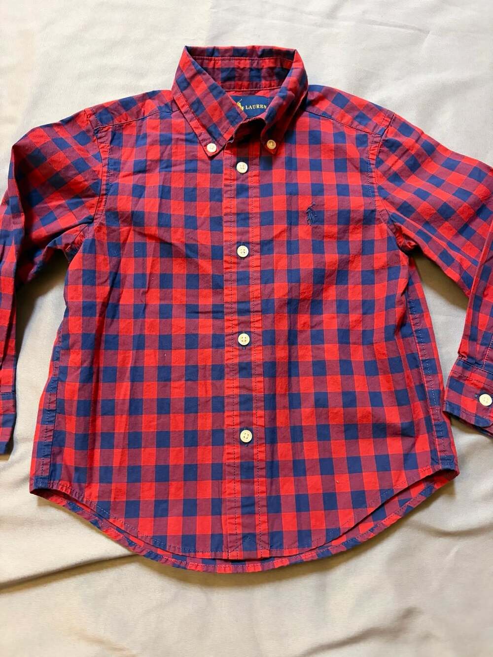 Ralph Lauren Button Down Plaid Shirt Size 2T Red Blue Gingham Cotton